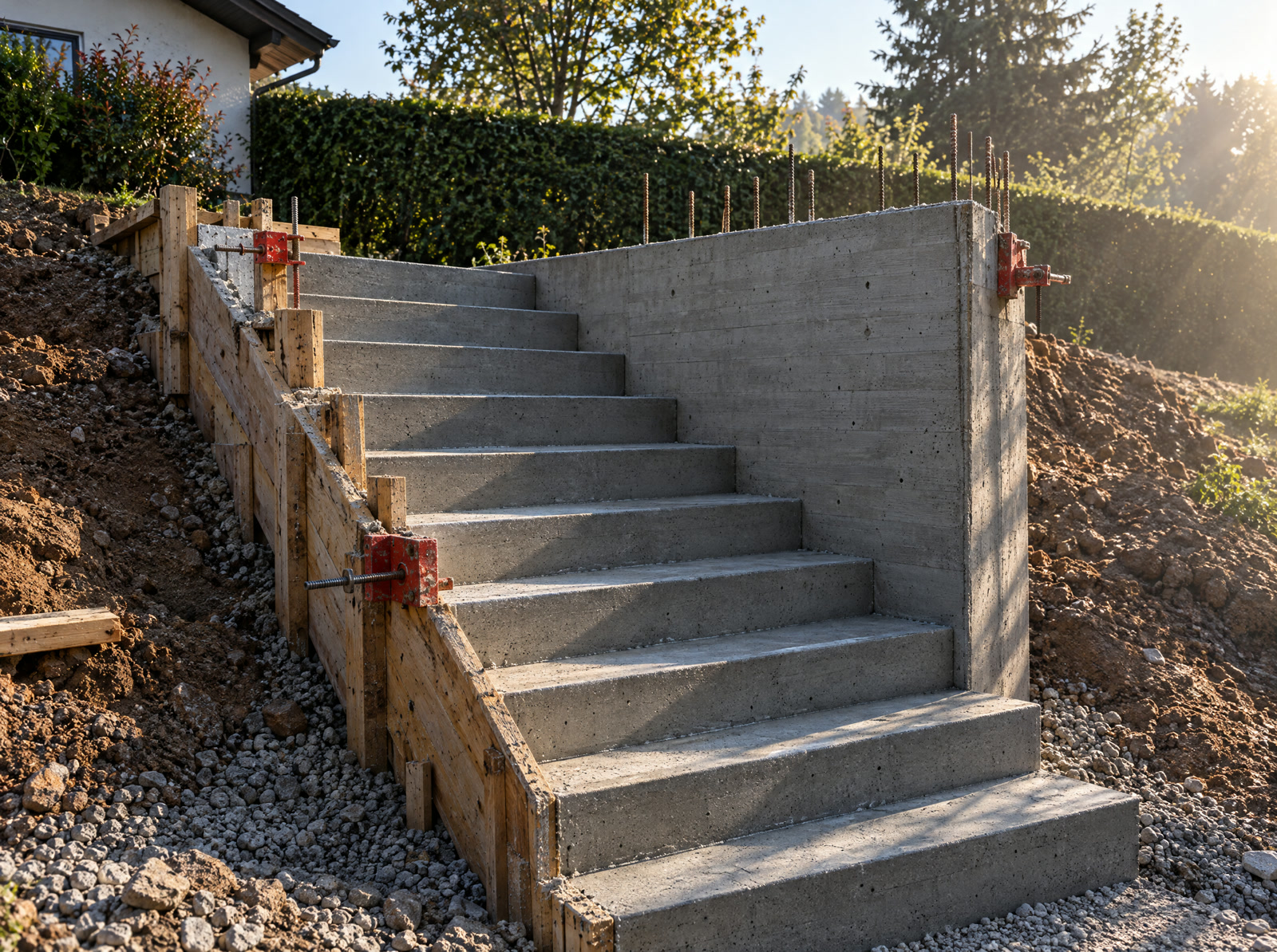 Stahlbetontreppe und Stützmauer